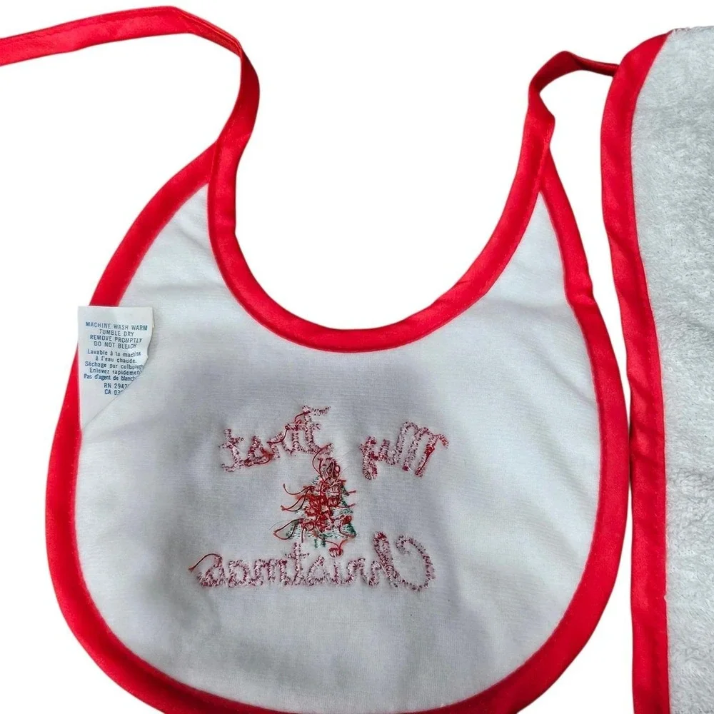 Vintage First Christmas Baby Bib 70s 80s Alexis USA Embroidered 100% Cotton